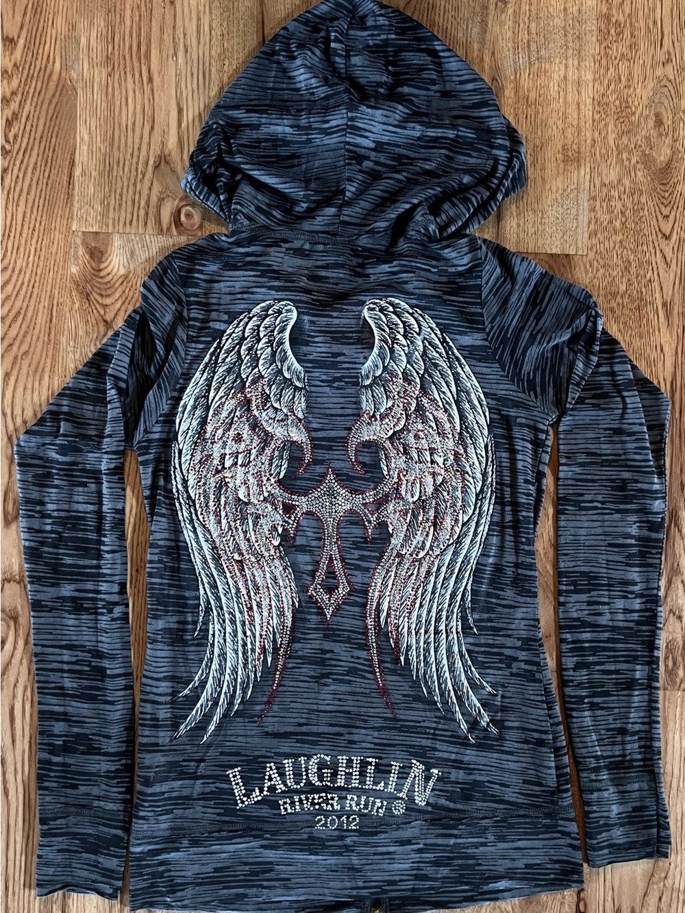 Kavio Black Heather Hooded Top with Wing & Cross Design
